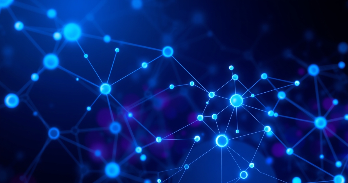 Illustration for API Integration Guide Connecting Your Business Systems: Abstract neural network visualization, glowing blue connections, geometric patterns